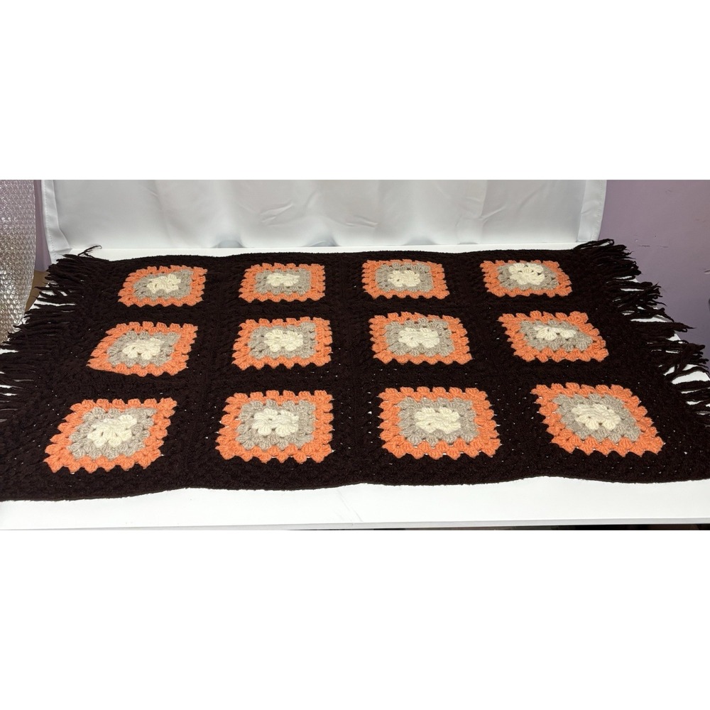 Vtg‎ Handmade Crochet Granny Square Afghan Blanket Throw Orange Brown 46X27